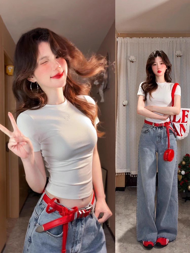 美式辣妹白色圆领正肩短袖t恤女夏季小个子
