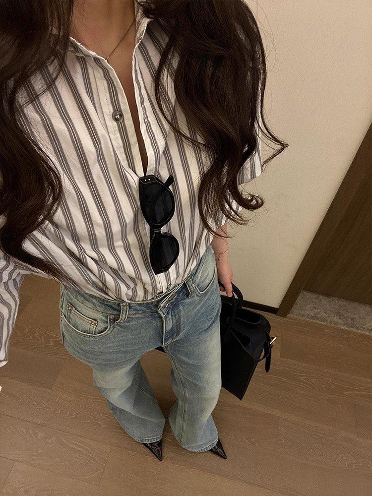 韩系撞色条纹polo领长袖衬衫外套女早春