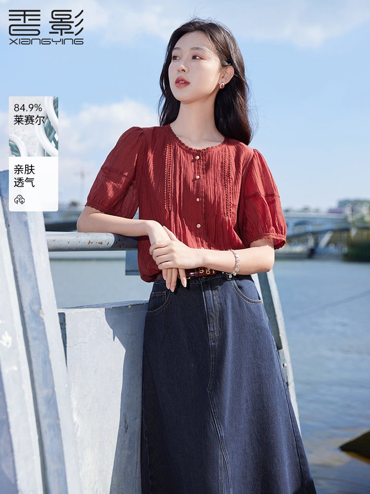香影红色衬衫女短袖