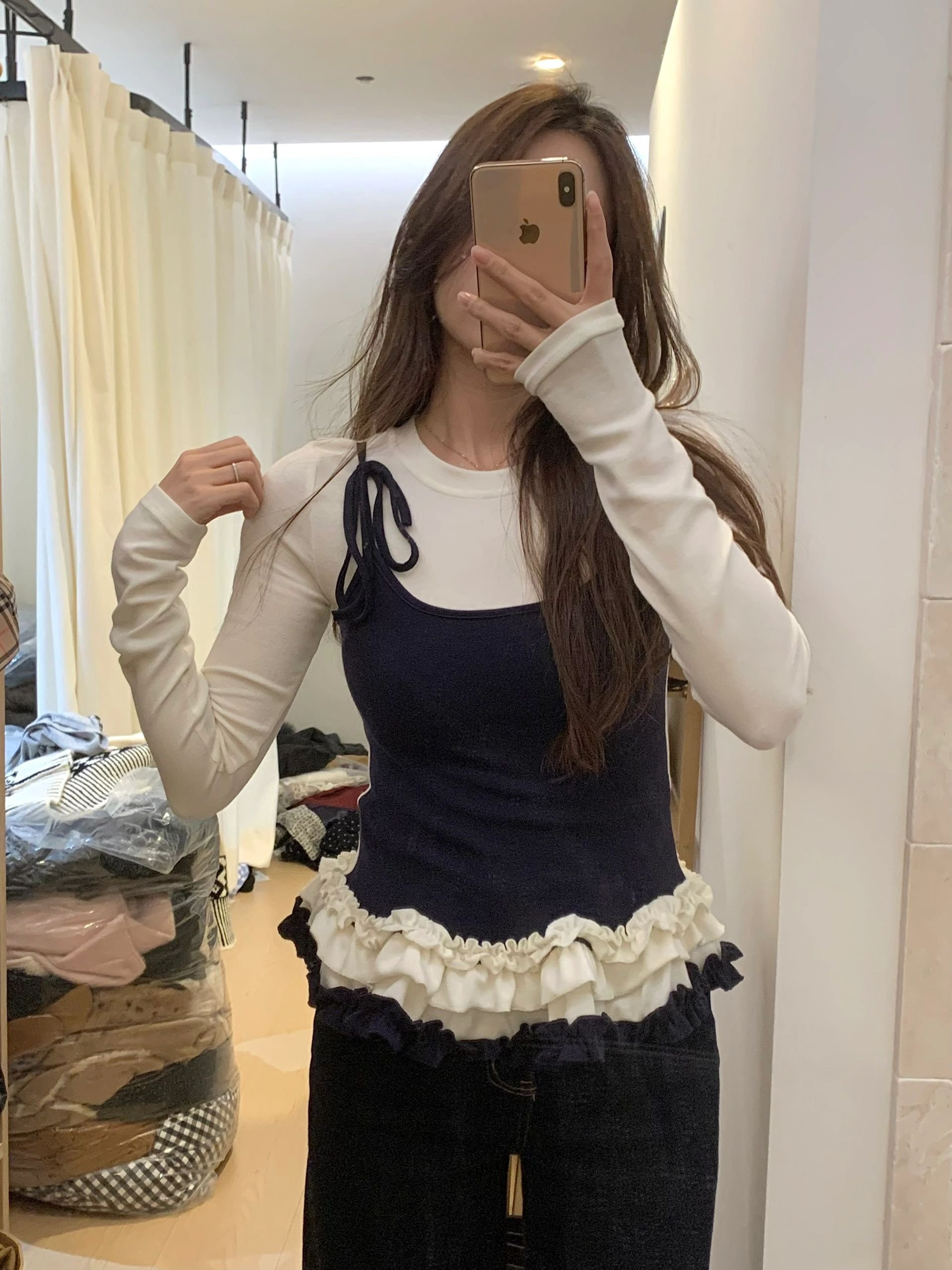 灰色假两件吊带长袖t恤女早春修身紧身打底