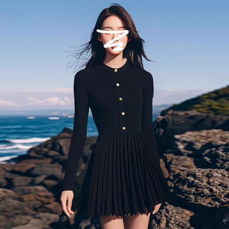 👗 神秘又优雅的黑色针织百褶连衣裙