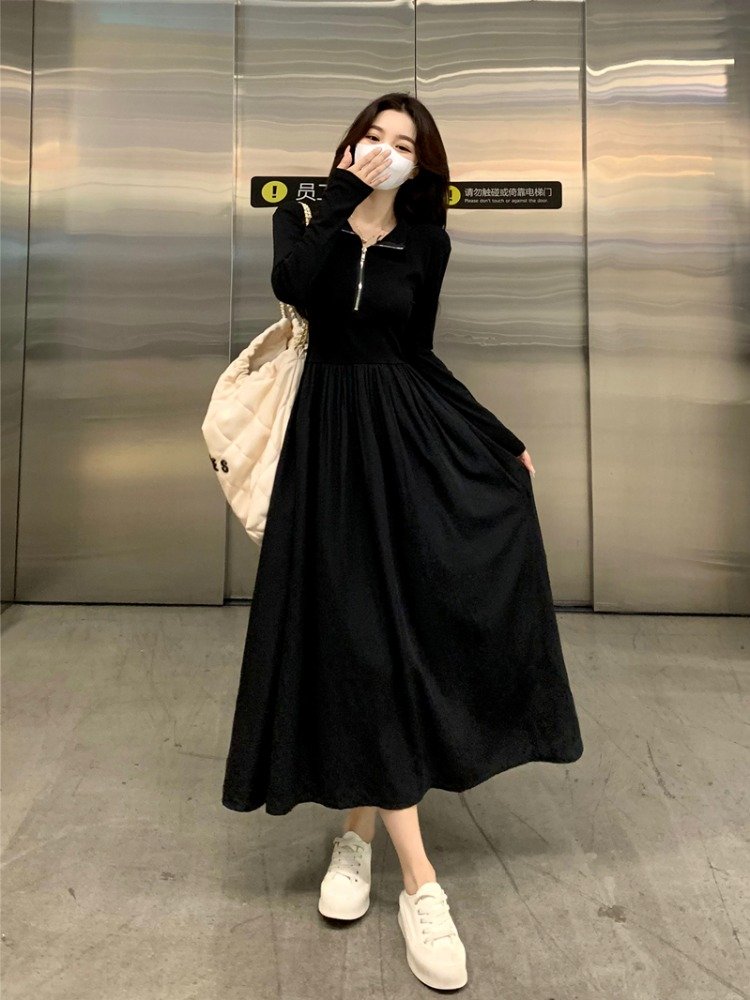 法式气质黑色针织长袖连衣裙女