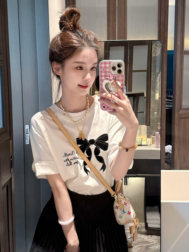 漂亮上衣小众设计感白色蝴蝶结印花短袖t恤