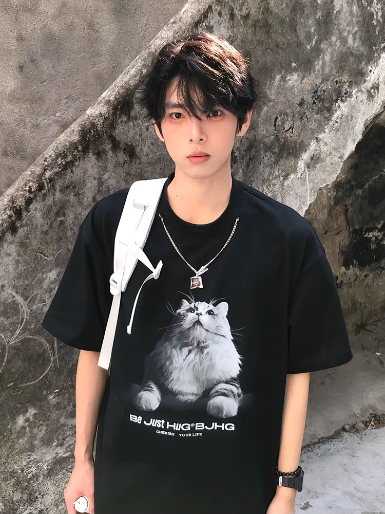 猫咪印花黑色短袖男夏季少年感重磅半袖t恤