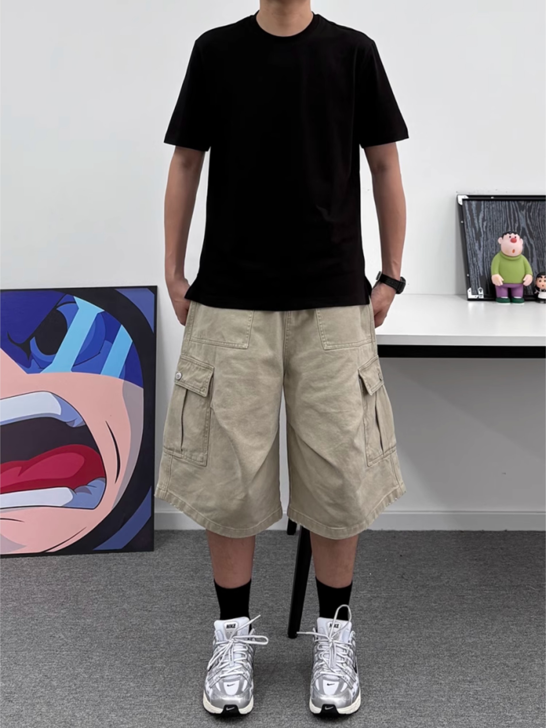 卡其色工装七分裤男夏季大口袋宽松褶皱伐木