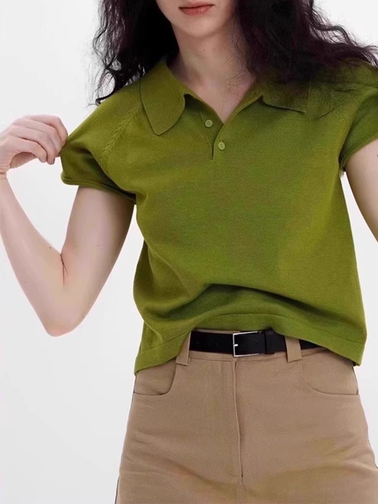 法式短款绿色Polo领正肩短袖t恤女夏季