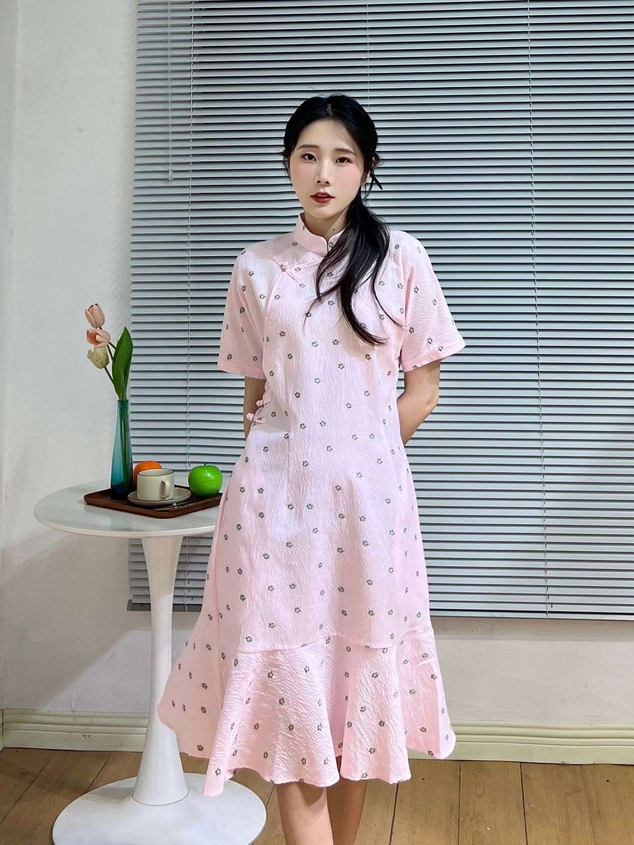puretea茶愫斜襟小立领提花改良式旗