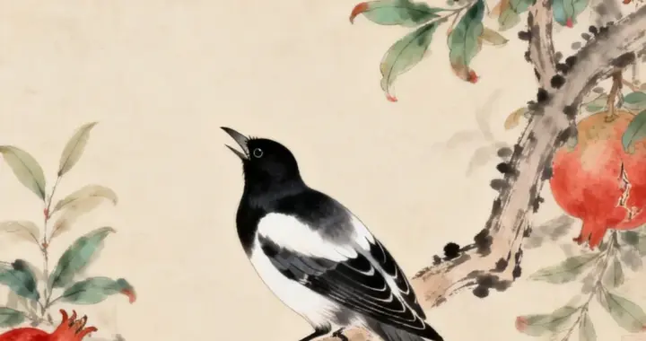 鹊影丹韵｜工笔双鹊石榴图 · 微风中的羽翎与红珠