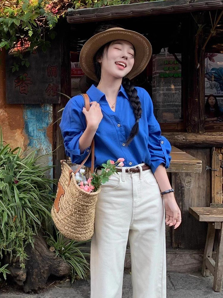 克莱因蓝POLO衫衬衣春秋女上衣外搭轻奢