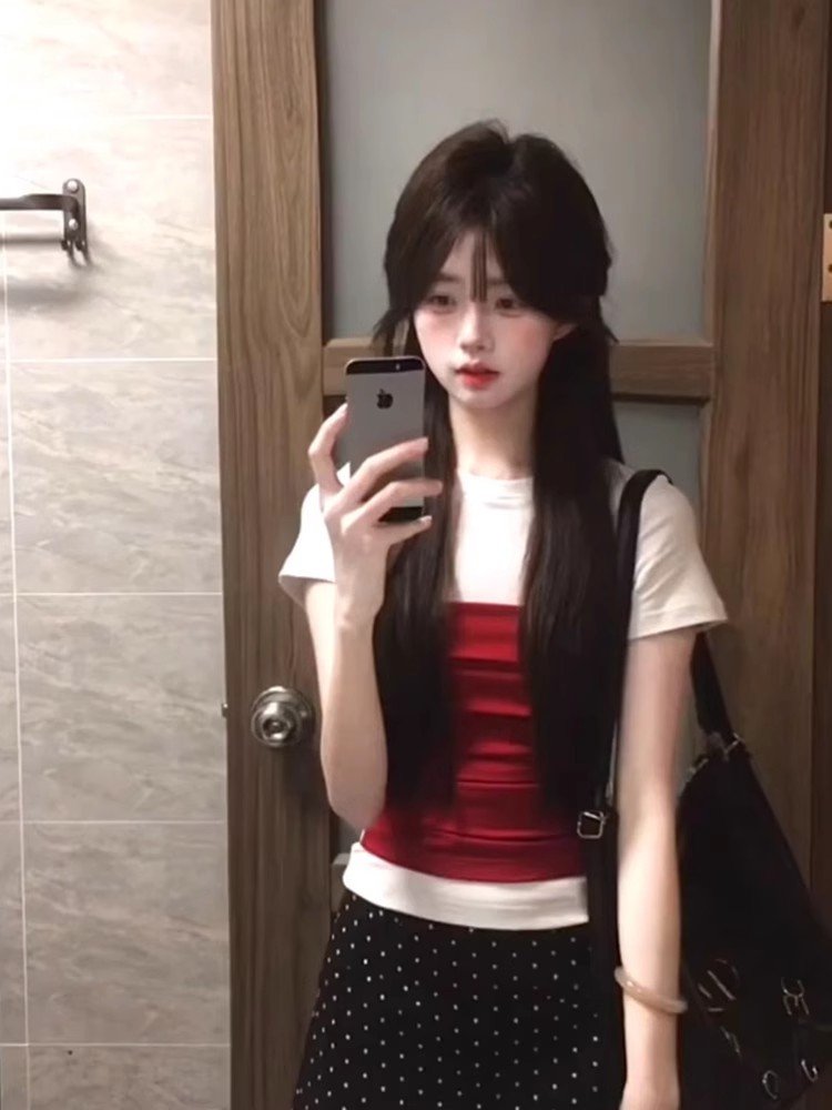 辣妹撞色假两件正肩短袖t恤女夏季2025