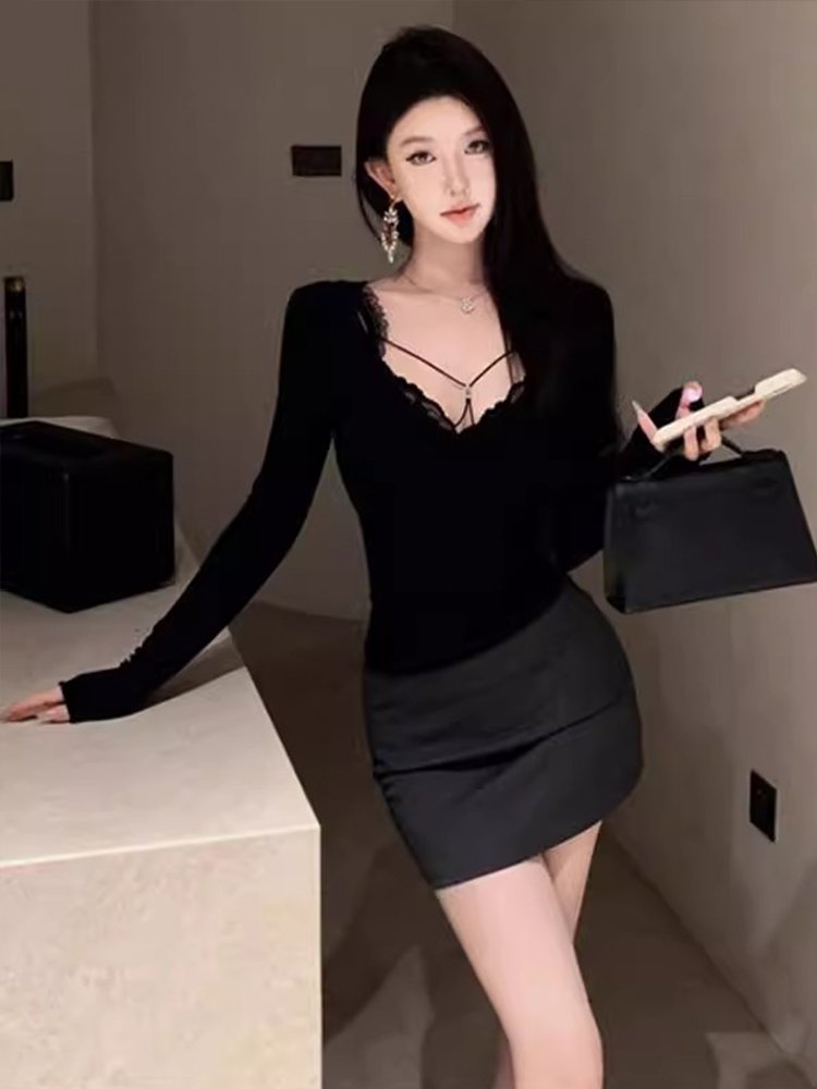 纯欲性感辣妹蕾丝v领长袖t恤女冬季修身