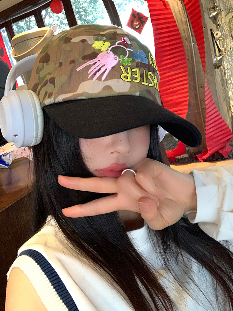 韩版复古迷彩刺绣遮阳防晒鸭舌帽!