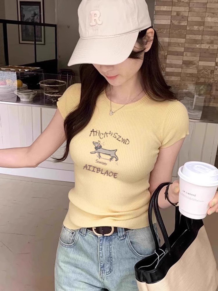 韩系黄色冰丝针织飞飞袖短袖t恤女夏季小个