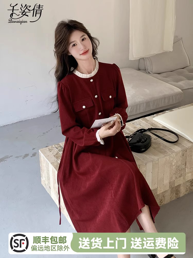 「法式赫本风酒红裙 订婚敬酒绝美战袍」