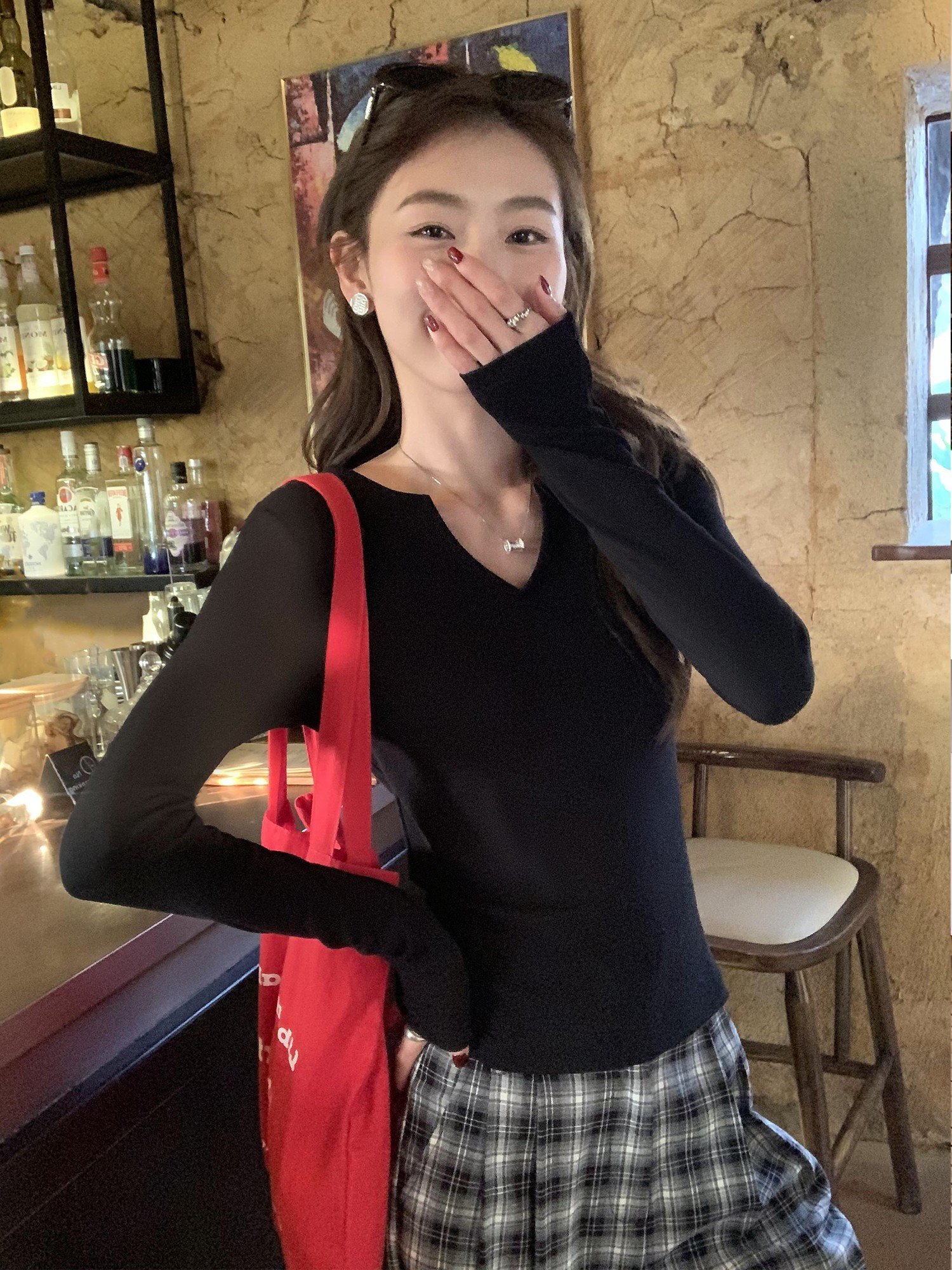 pusumede 小v领针织长袖t恤女