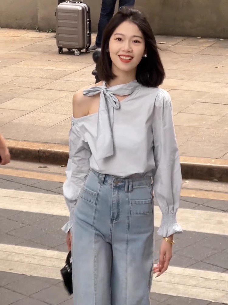 法式蓝色系带斜肩长袖衬衫女春秋小众设计感