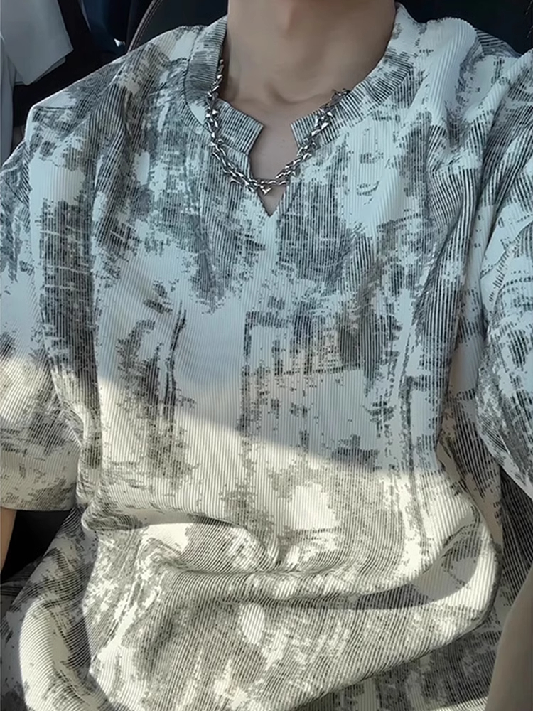 美式扎染v领短袖男夏季设计感重磅正肩半袖