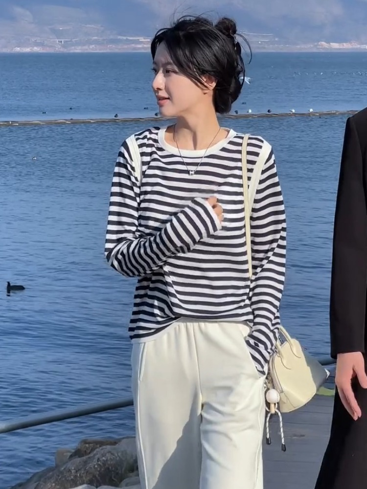 单穿上衣宽松慵懒风黑白条纹长袖T恤女夏