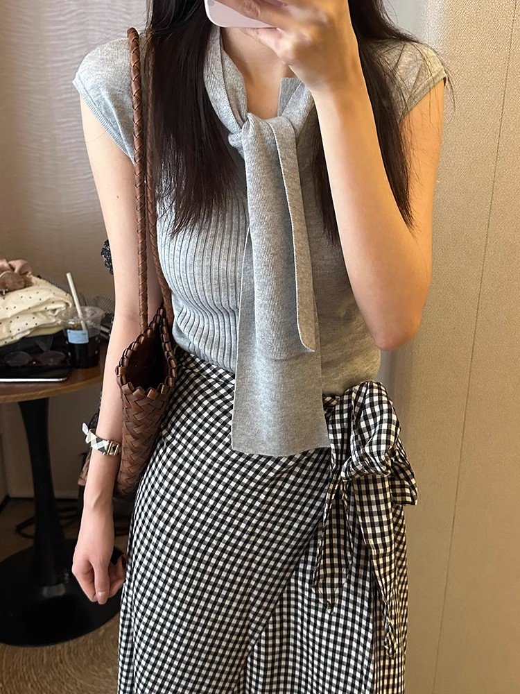 正肩短款灰色冰丝飞飞袖短袖t恤小个子针织