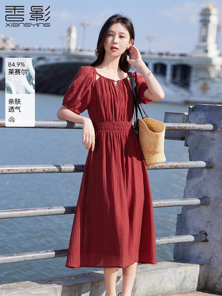 香影红色连衣裙女