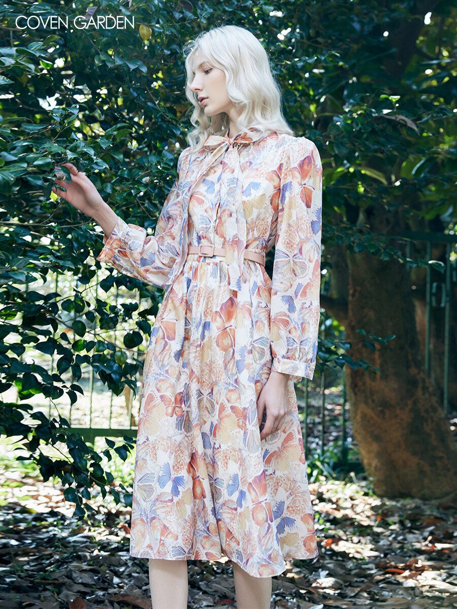 哥文花园秋季新款端庄大气印花雪纺连衣裙