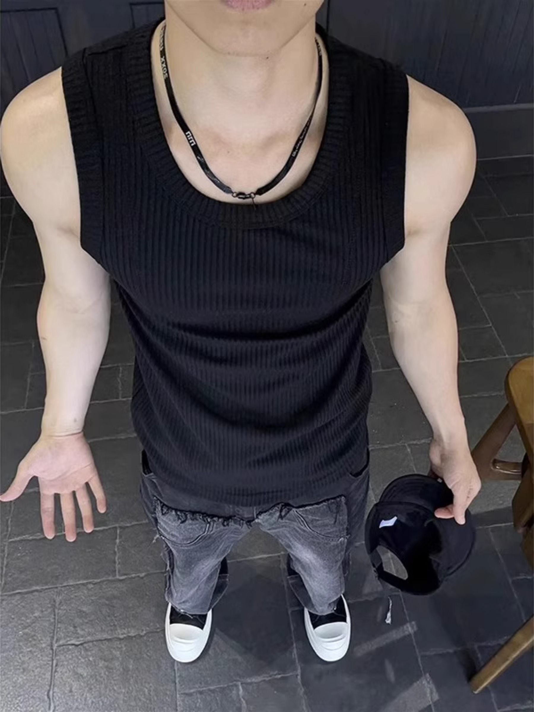 黑色竖条纹运动背心男夏季篮球健身坎肩汗衫