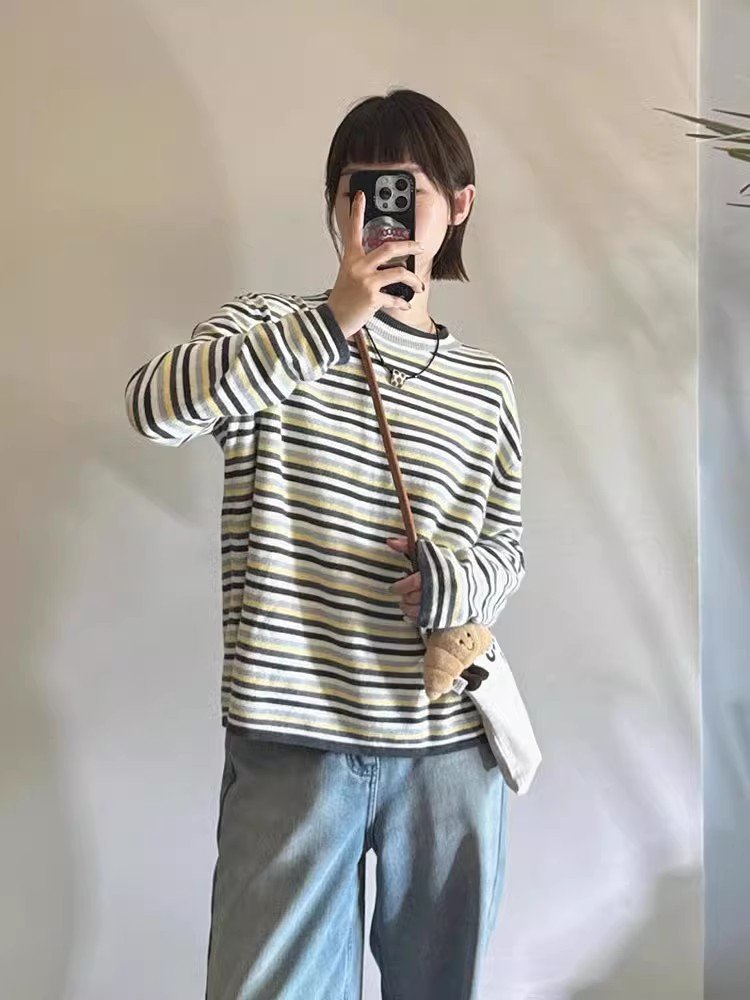 美式复古撞色条纹长袖t恤女早春季宽松打底
