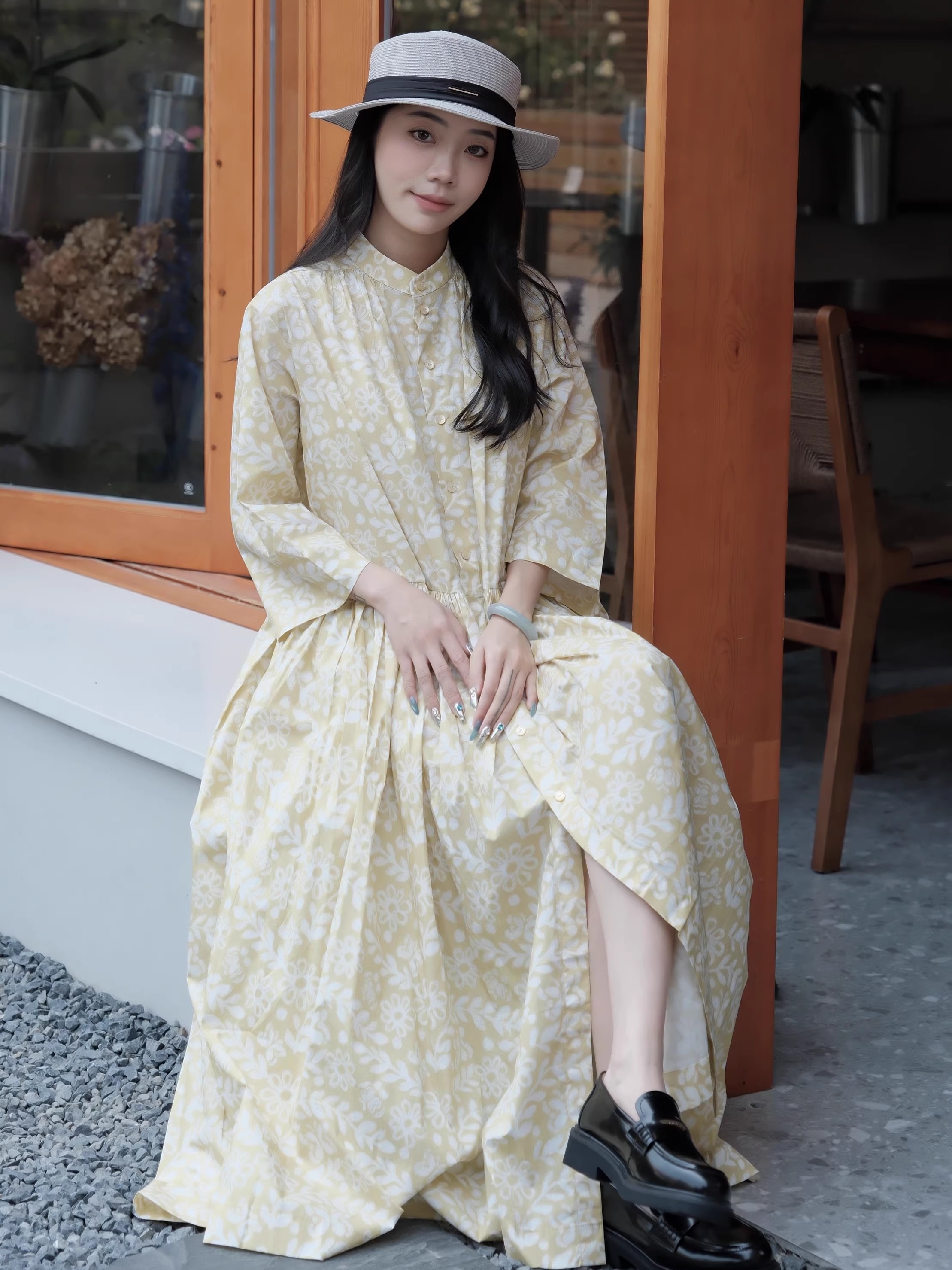 茶愫印花府绸棉连衣裙女收褶大摆