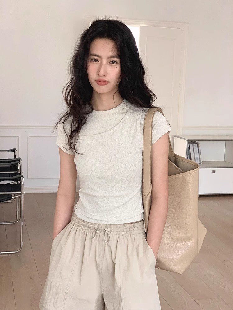 韩系杏色假两件短款飞飞袖短袖t恤女夏季小