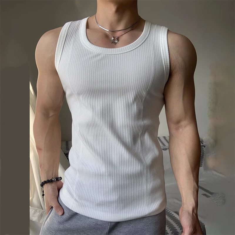 白色螺纹领口背心男款夏季吸汗透气重磅打底