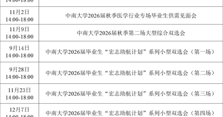 中南大学2026届秋季所有双选会汇总！