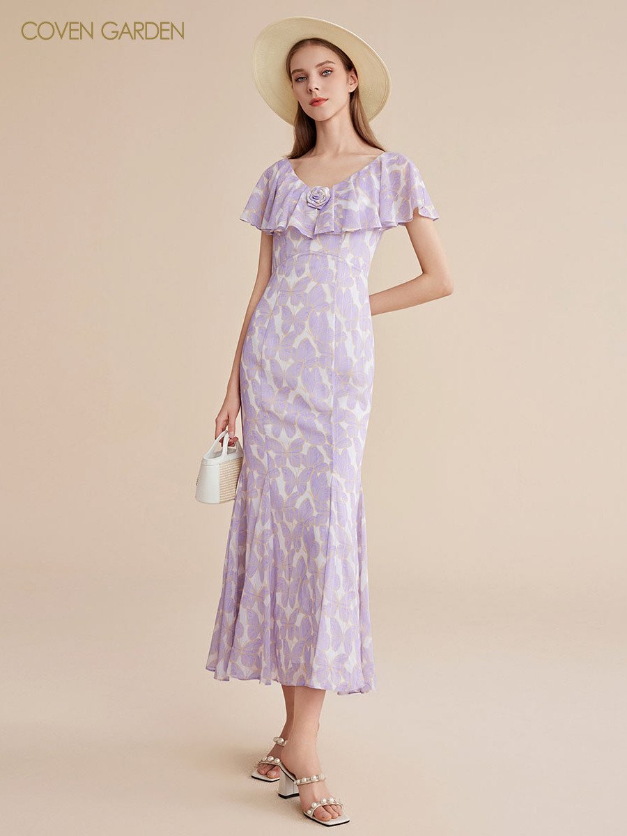 哥文花园夏季新款蝴蝶印花荷叶边度假连衣裙