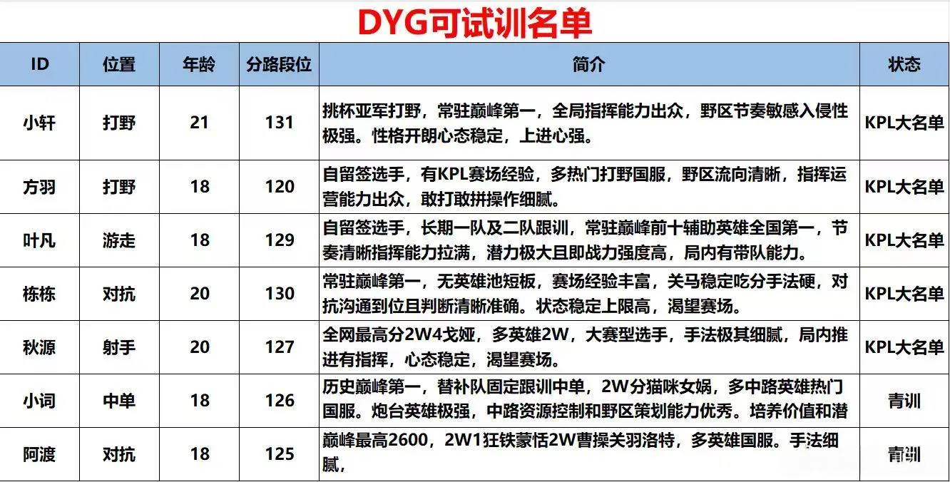 DYG试训名单