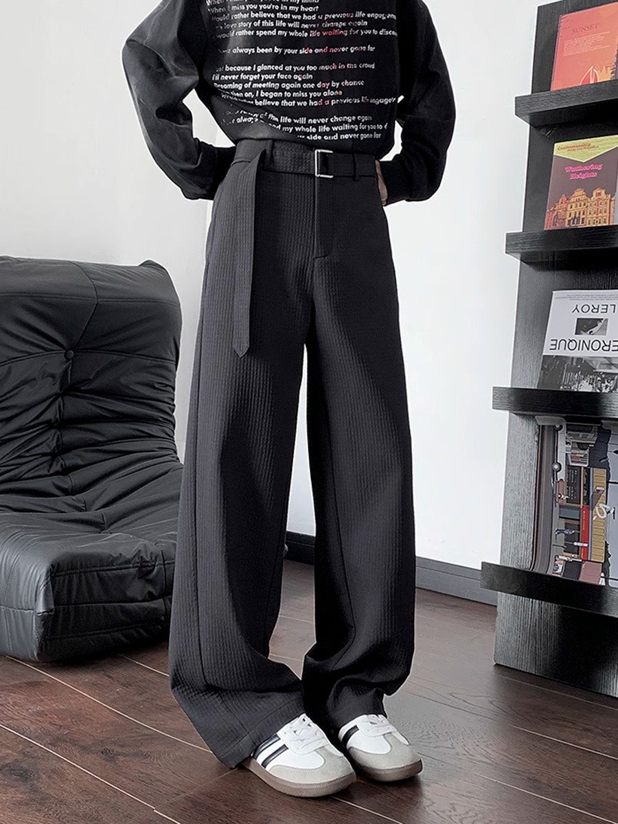 黑色腰带肌理感弯刀裤子男款春秋重磅垂感阔