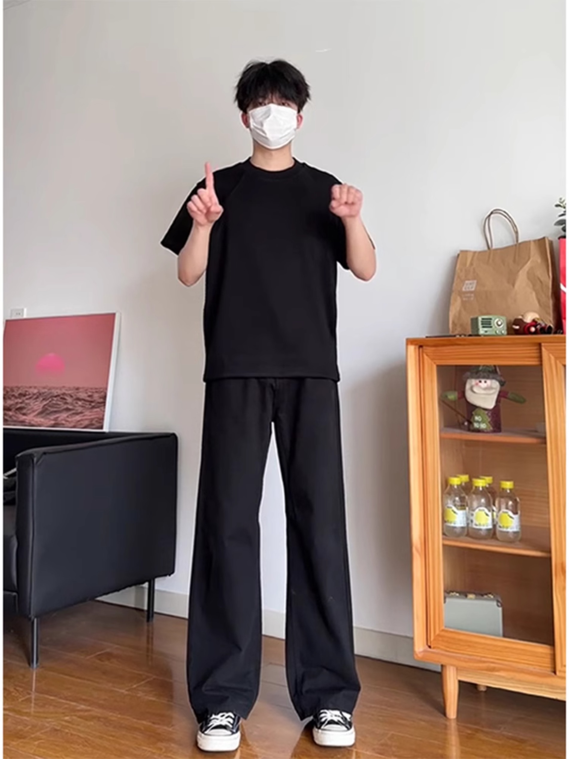 黑色微喇冰丝裤子男款夏季薄款高个子修身垂