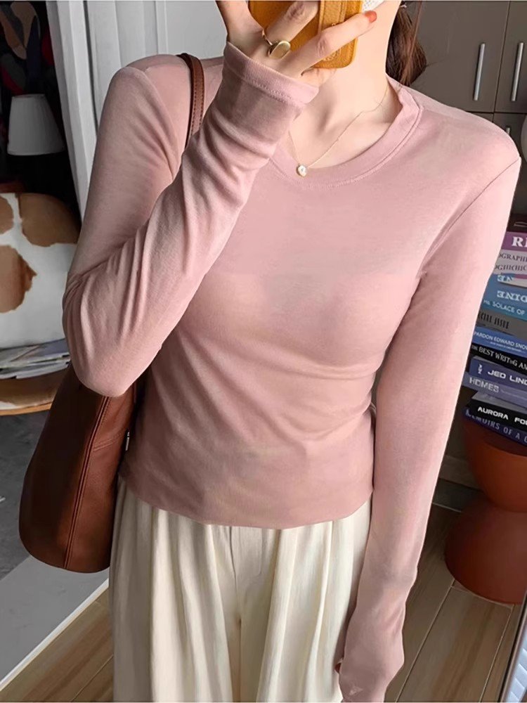粉色圆领天丝修身内搭打底衫上衣女春秋20