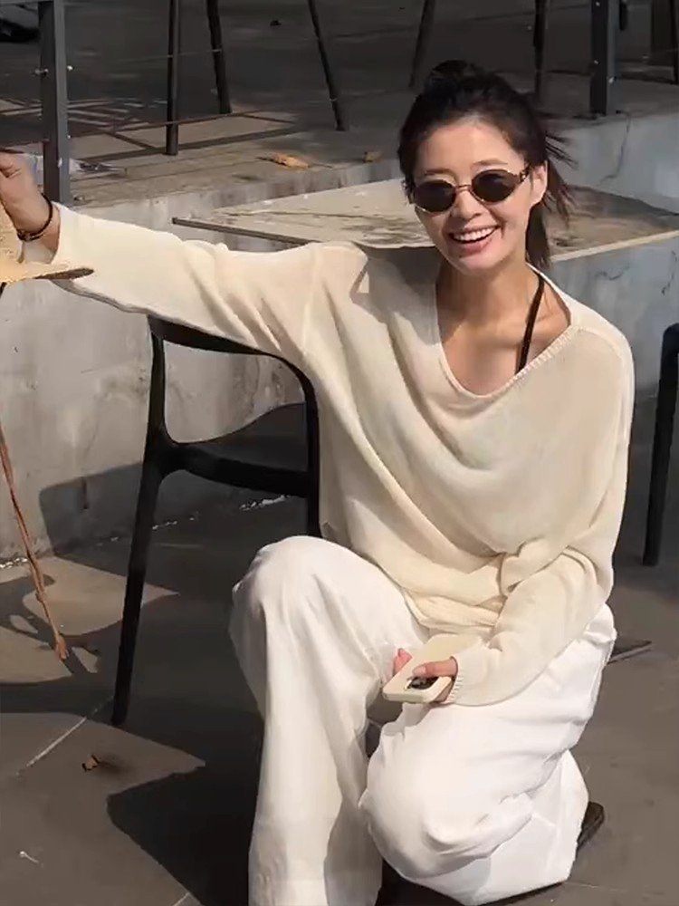 韩系杏色冰丝针织长袖防晒t恤罩衫女夏季吊