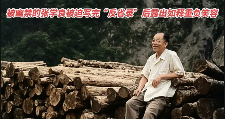 被幽禁的张学良被迫写完“反省录”后，在木堆上露出如释重负笑容