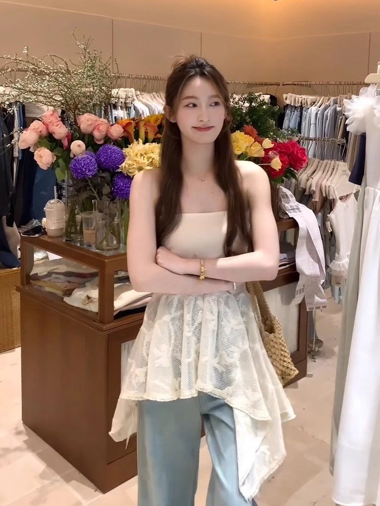纯欲杏色一字肩无袖抹胸连衣裙女夏季不规则