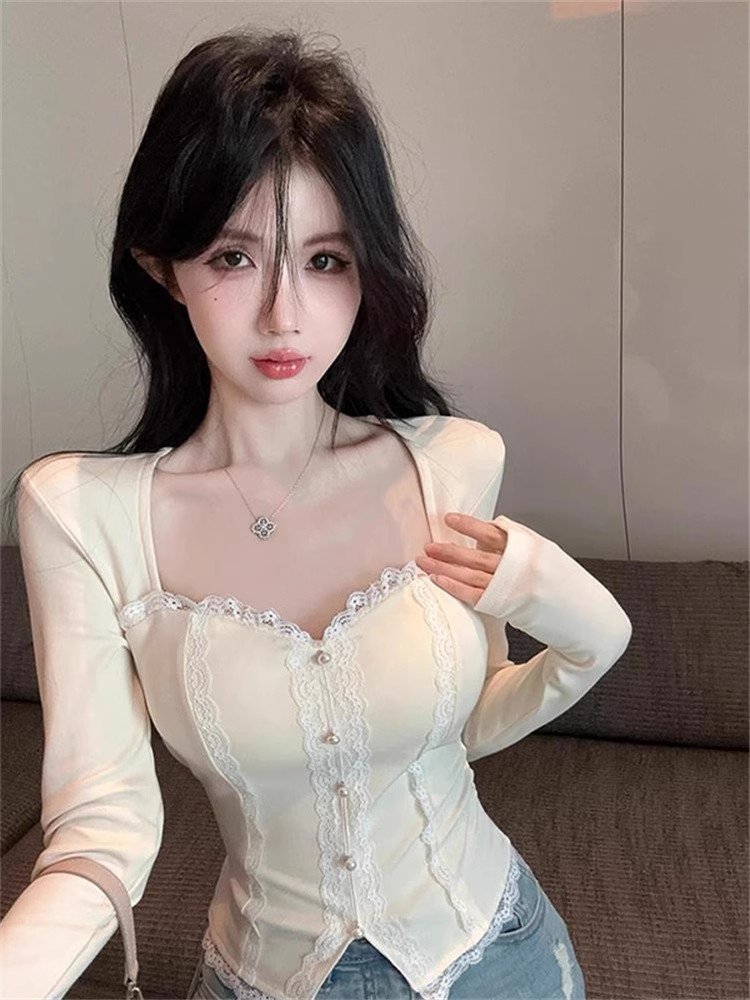 纯欲内搭杏色蕾丝方领长袖t恤女春秋季不规