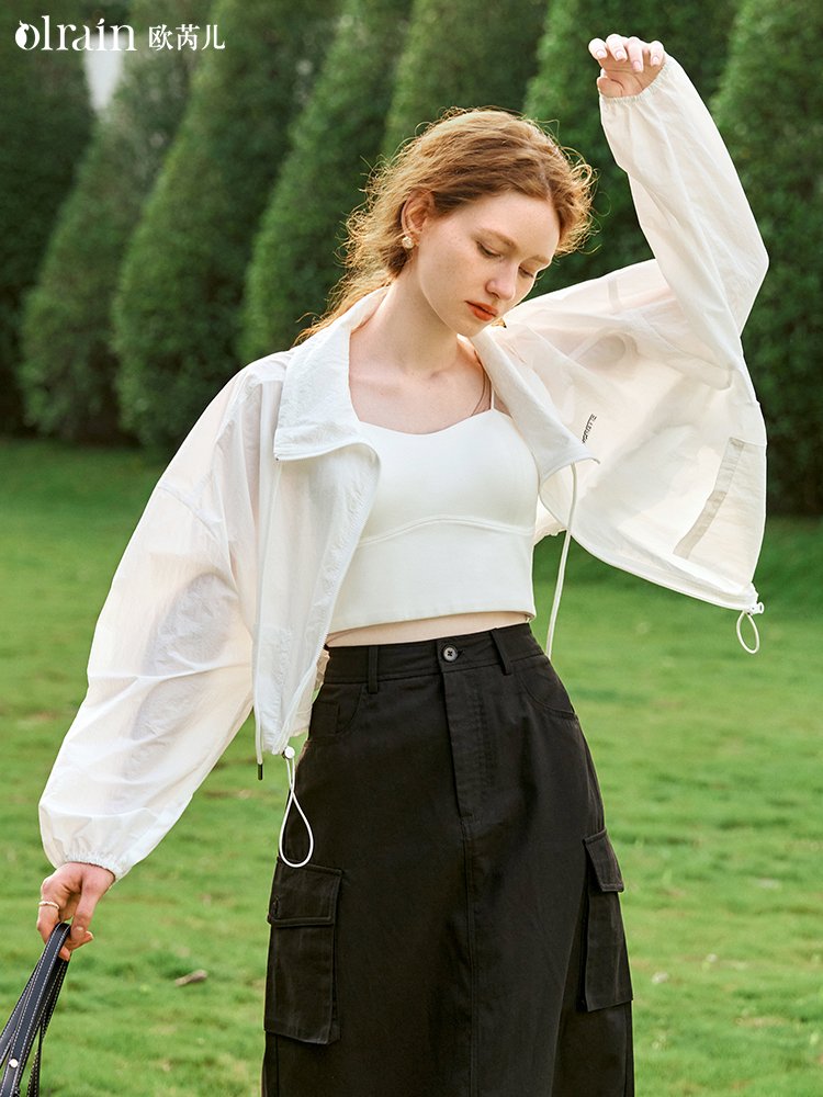 米白色凉感时尚翻领防晒开衫防晒衣