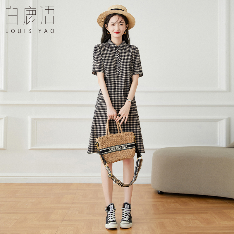 白鹿语文艺风翻领格子裙2023夏新款减龄撞色荷叶边宽松短袖连衣裙
