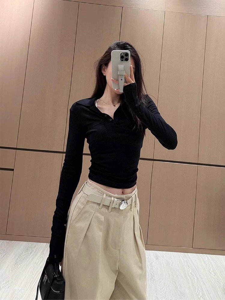 正肩短款黑色polo领长袖t恤女内搭春秋