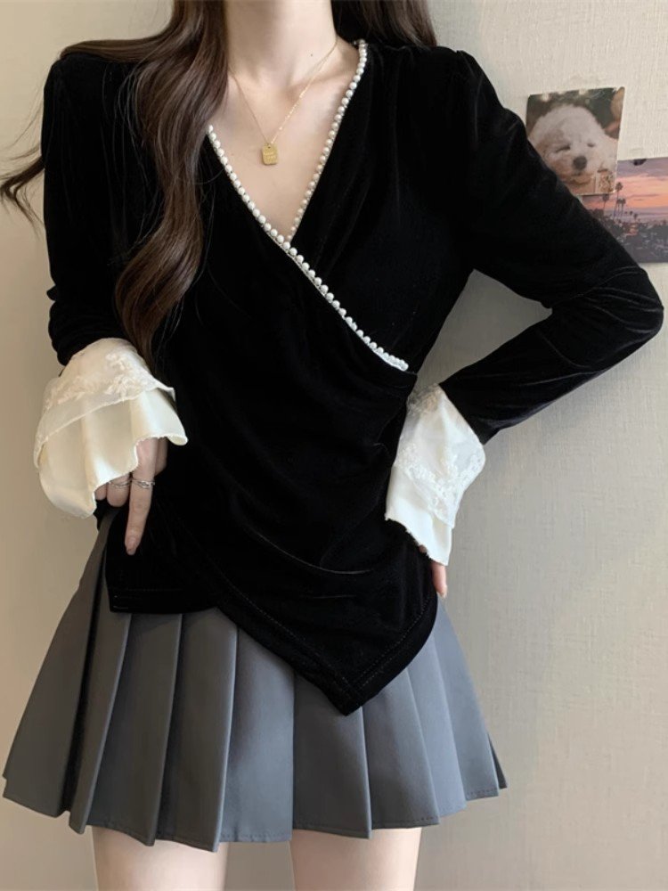 黑色v领丝绒长袖衬衫女春季秋小众设计感独