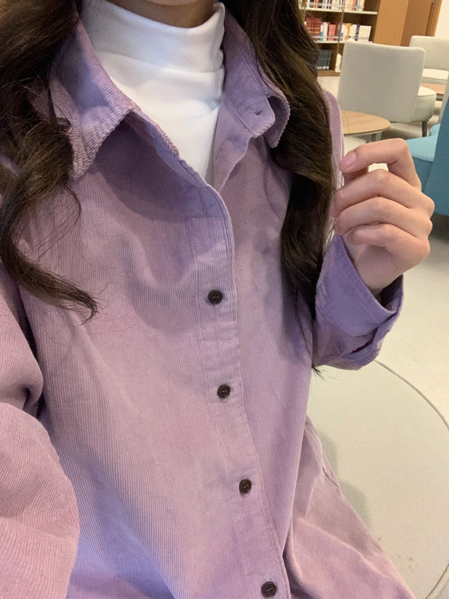 小个子紫色polo领宽松衬衫女早春灯芯绒