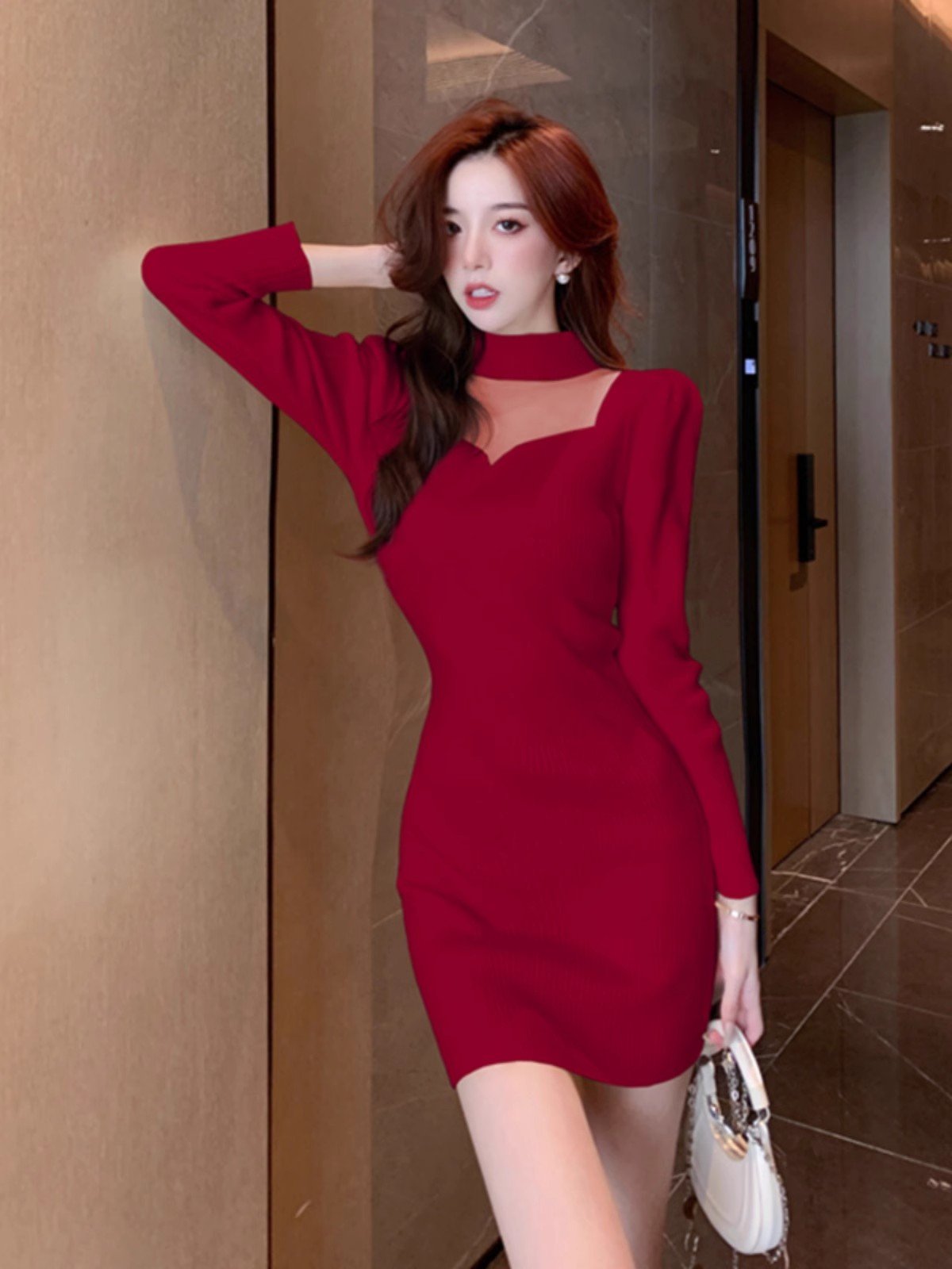 高级感红色圣诞半高领加厚针织连衣裙女秋冬