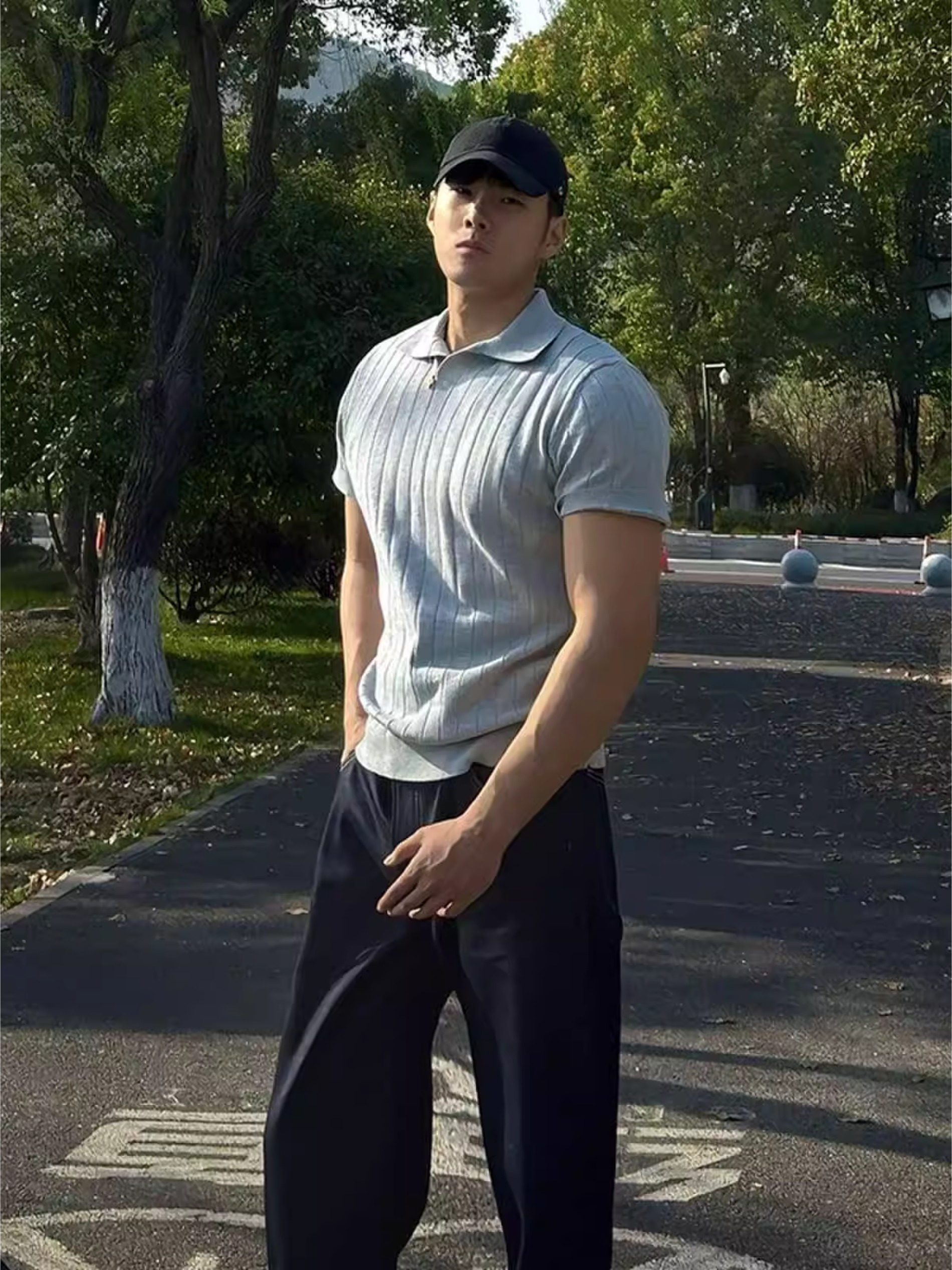 条纹针织短袖POLO衫男美式编织坑条V领