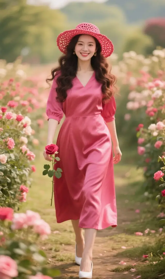 漫步花海，红裙飘逸，绽放甜美笑容，端庄优雅的女子走来🌹