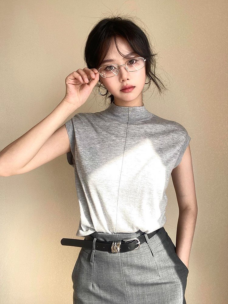 法式灰色半高领无袖坎肩t恤女夏季小个子短