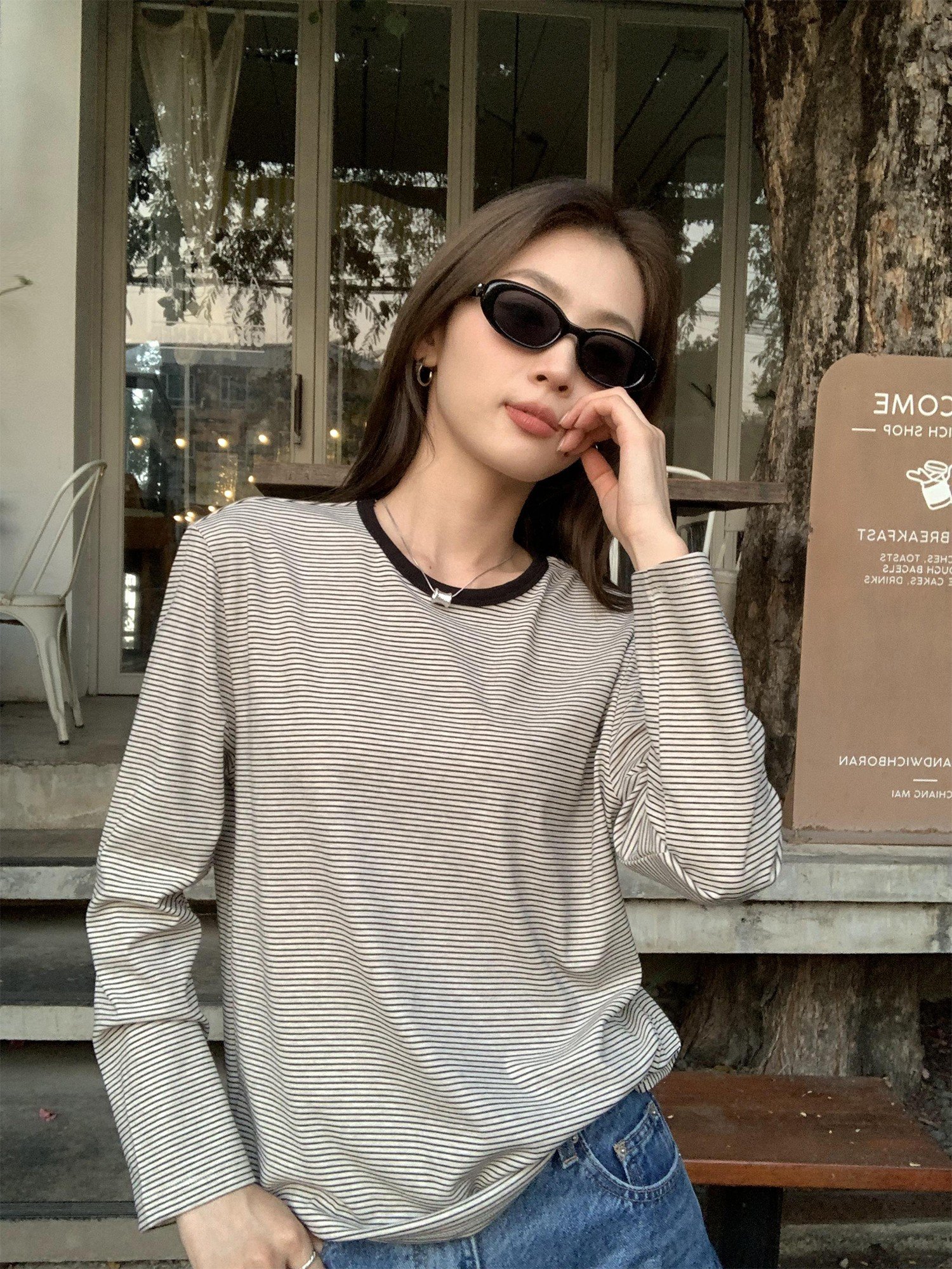 pusumede 经典圆领条纹长袖t恤女